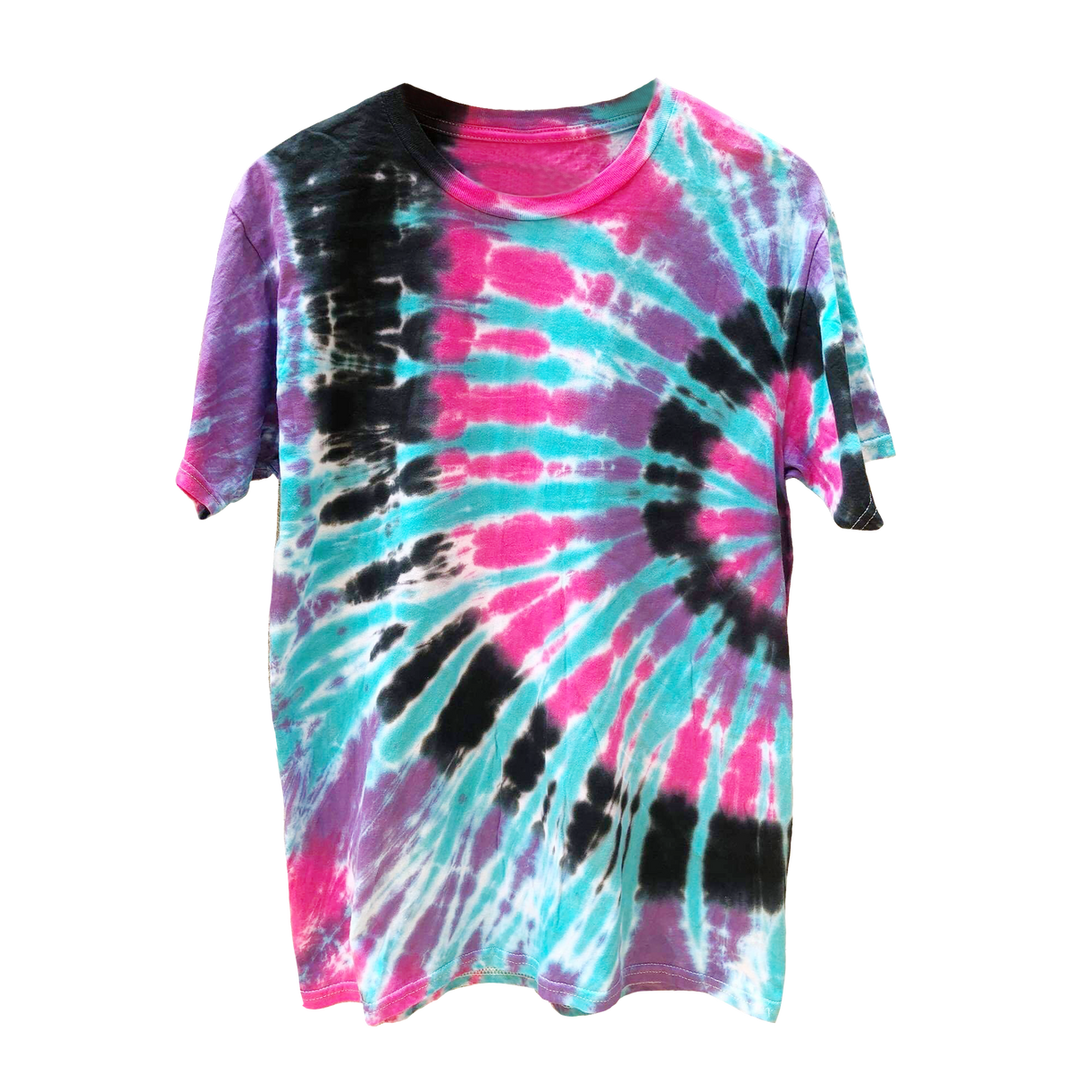 pink and teal tie dye shirt